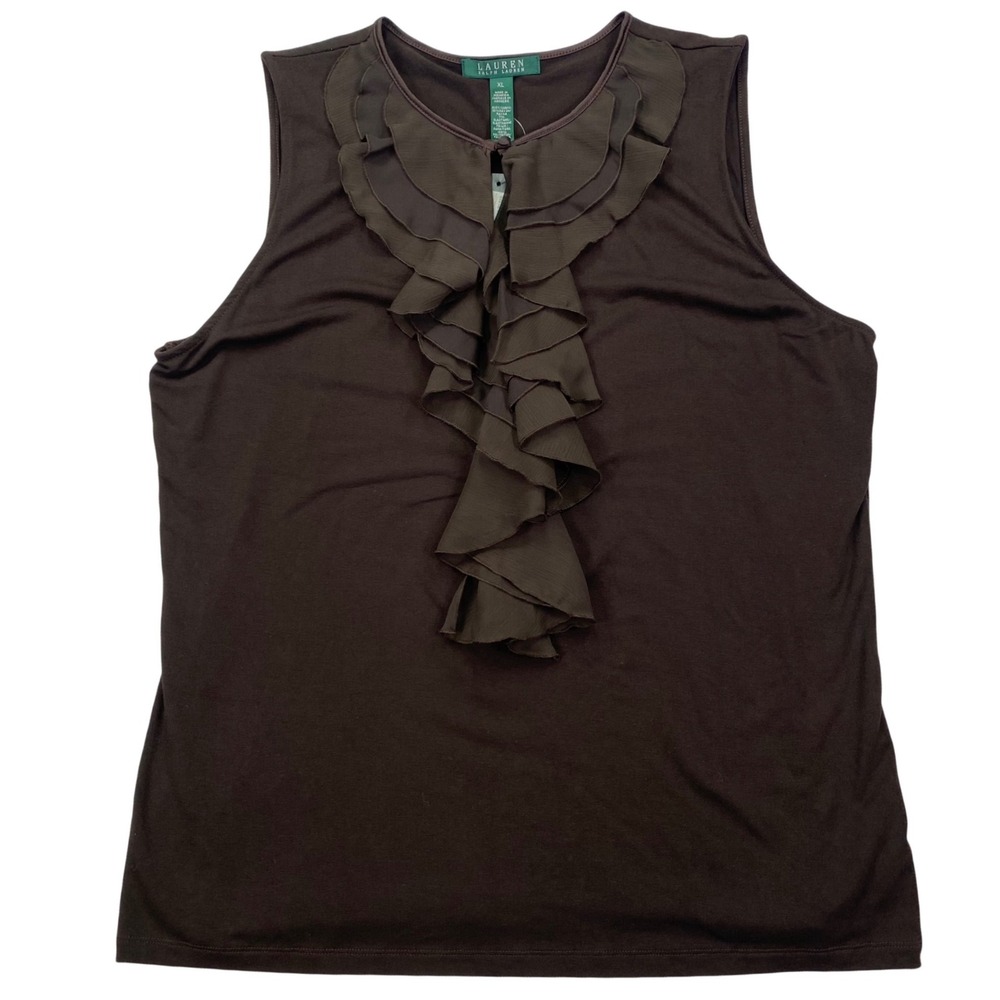 Lauren Ralph Lauren Ruffle Blouse Womens XL Brown Sleeveless Keyhole Top NWT